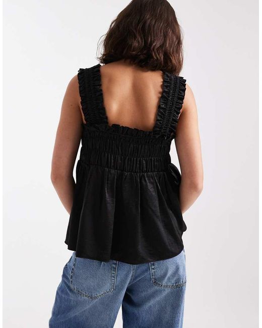 Collusion Black Satin Shirred Smock Top