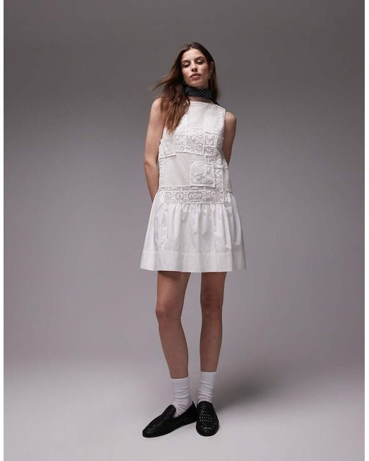 TOPSHOP Mini-Jurk Met Gehaakte Patchwork En Verlaagde Zoom in het White