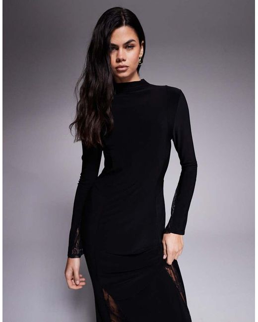ASOS Blue Highneck Maxi Dress With Sheer Lace Godets And Layered Sleeve