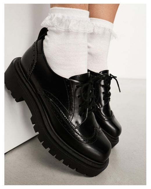 Monki Black Chunky Lace Up Brogue Shoe With Cleated Sole