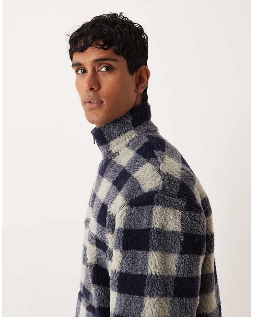 ASOS Blue Relaxed Quarter Zip Borg Sweatshirt With Check Print for men