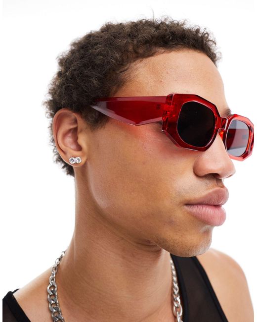 ASOS Red Angled Rectangle Sunglasses With Smoke Lens for men