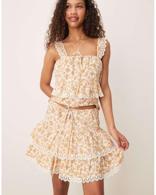 ASOS Natural Tiered Mini Skirt With Embroidered Hem Co-ord