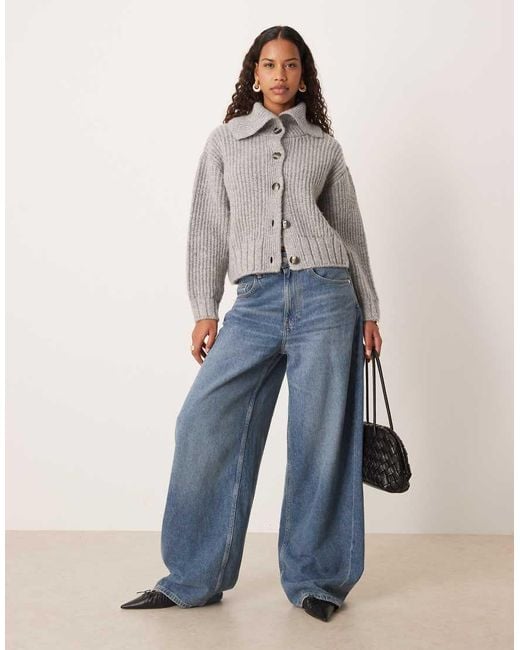 Mango Gray Oversized Collar Cardigan