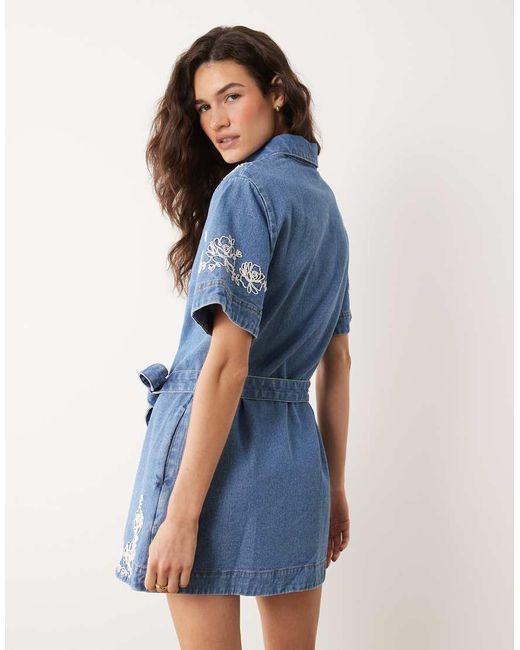 Miss Selfridge Blue Embroidered Denim Dress With Belt
