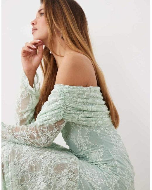 ASOS Green Lace Off The Shoulder Long Sleeve Maxi Dress