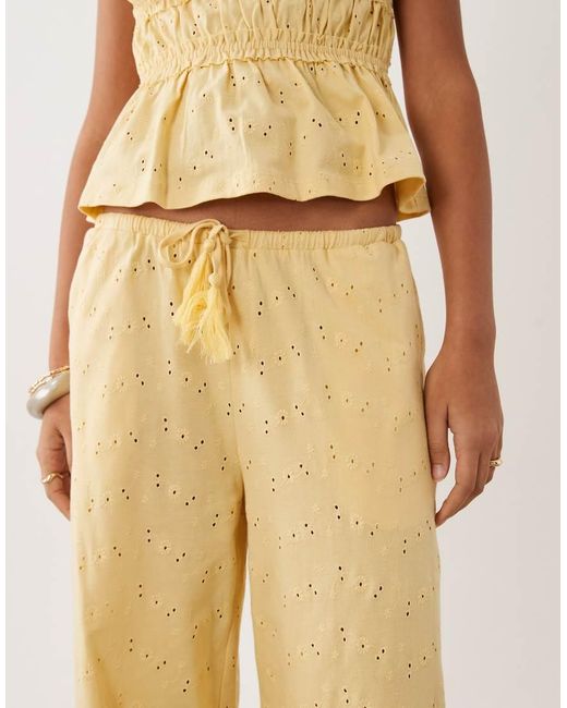ASOS Natural Wide Leg Drawcord Tassel Detail Jersey Broderie Co-ord Trouser