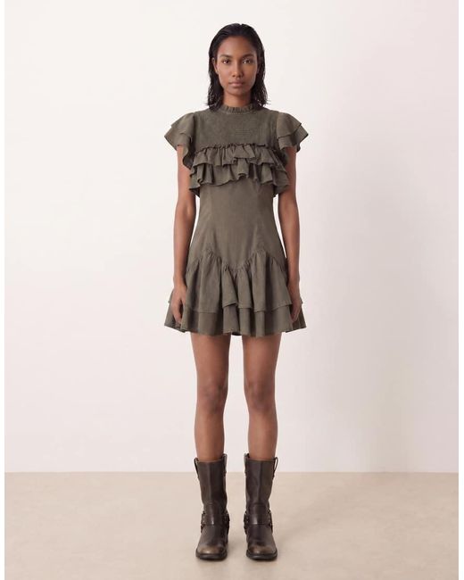 ASOS Natural High Neck Ruffle Mini Dress With Shirring