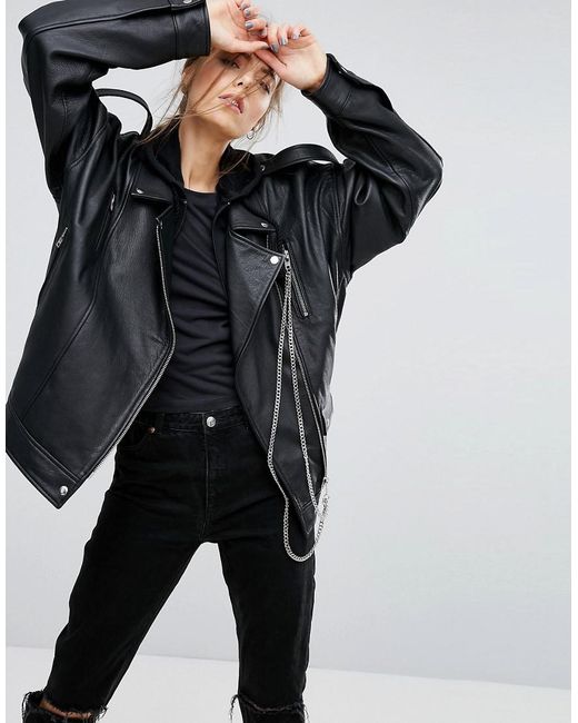 ASOS Black Premium Leather Oversized Biker Jacket With Chain Detail