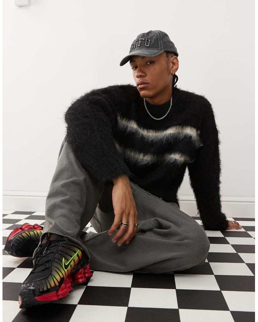 The Ragged Priest Black Brushed Faux Mohair Knitted Jumper With White Stripes for men