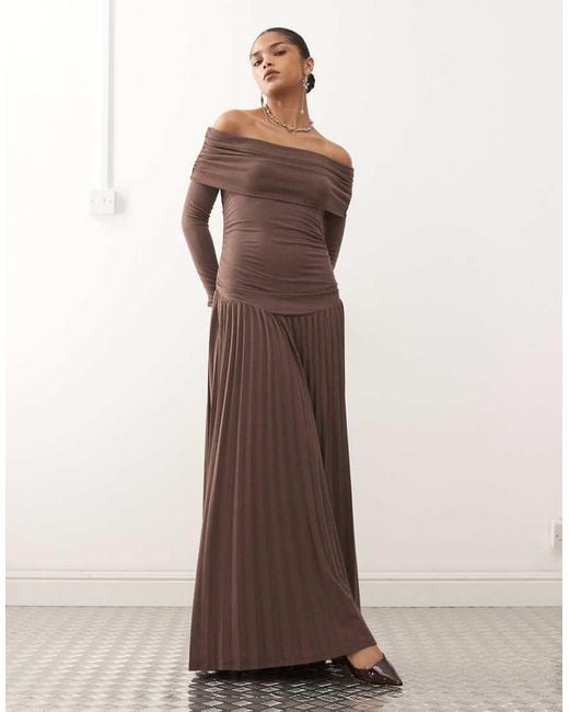 Lioness Brown Field Of Dreams Glitter Long Sleeve Foldover Bardot Ruched Drop Waist Pleated Maxi Dress