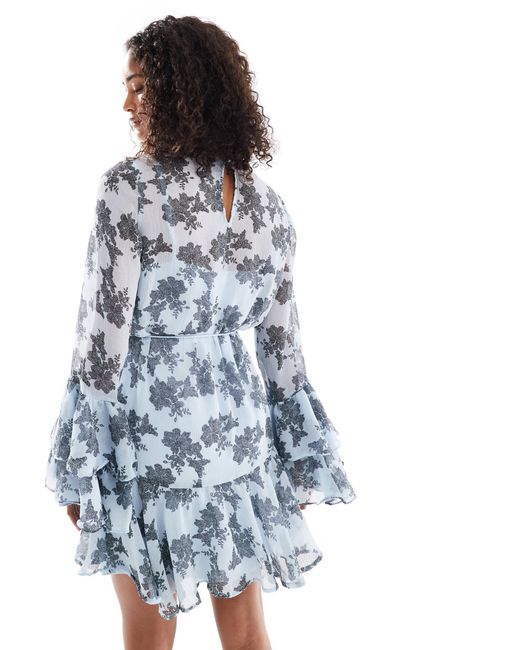 Vero Moda Blue Chiffon Ruffle Sleeve Boho Mini Dress