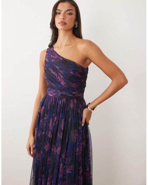 LACE & BEADS Blue Bridesmaid One Shoulder Scarf Neck Maxi Dress