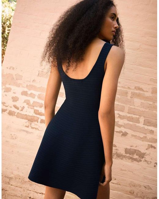 Bershka Blue Knitted Mini Dress With Flared Skirt