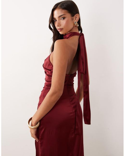 TFNC London Red Bridesmaid Satin Halter Neck Pleat Detail Maxi Dress