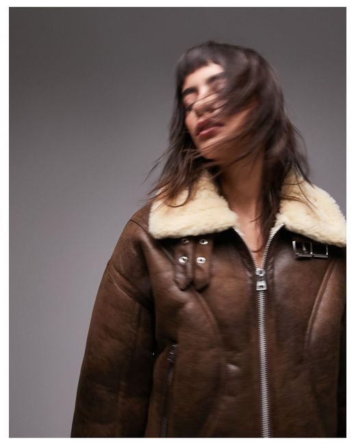 Faux Leather Shearling Cropped Aviator Jacket With Seaming