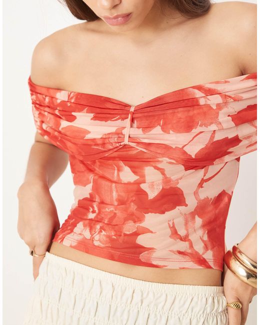 ASOS Multicolor Ruched Off Shoulder Bardot Mesh Top