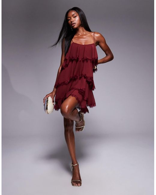 ASOS Red – gestuftes minikleid aus chiffon- und spitzenmix