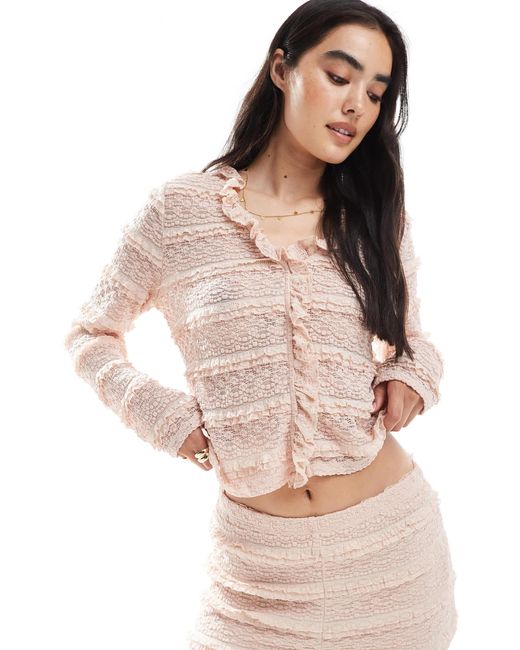 Vero Moda Natural – gerafftes, langärmliges oberteil aus spitze