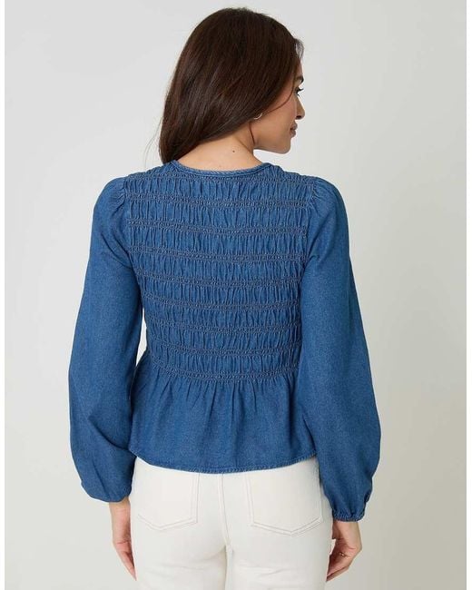 Threadbare Blue Denim Shirred Smock Blouse
