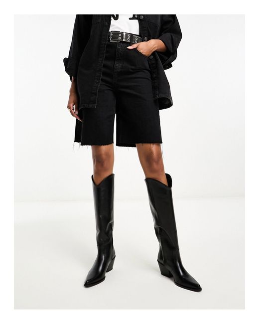 & Other Stories Black Leather Low Heel Western Thigh Boots