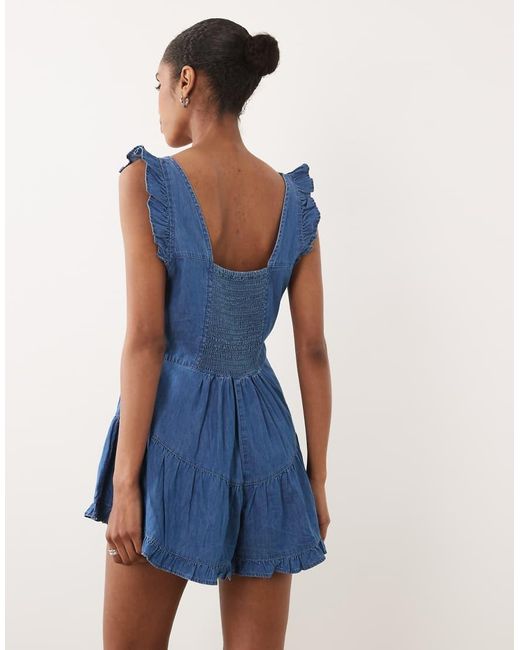 ASOS Blue Soft Denim Romper With Frill Shorts
