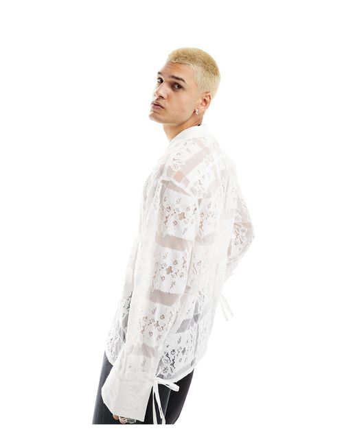 Reclaimed (vintage) Limited Edition Long Sleeve Lace Patchwork Shirt With Tie Sleeves-white for men