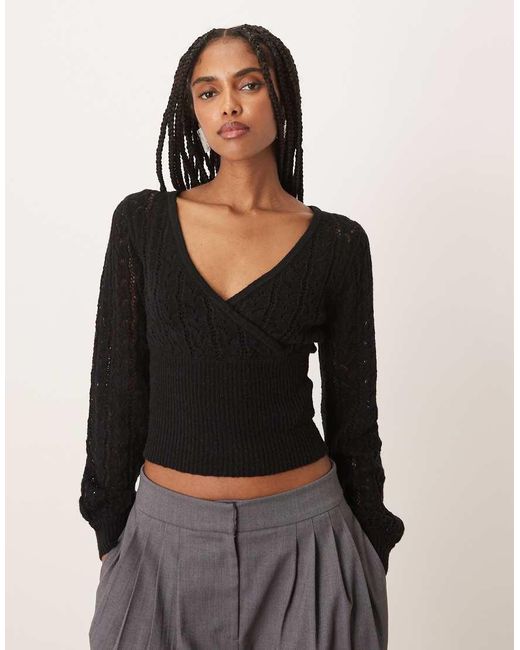 Motel Black Nilara Long Sleeve Pointelle Knit Top