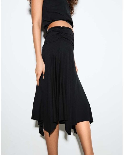 Bershka Black Gathered Modal Effect Midi Skirt