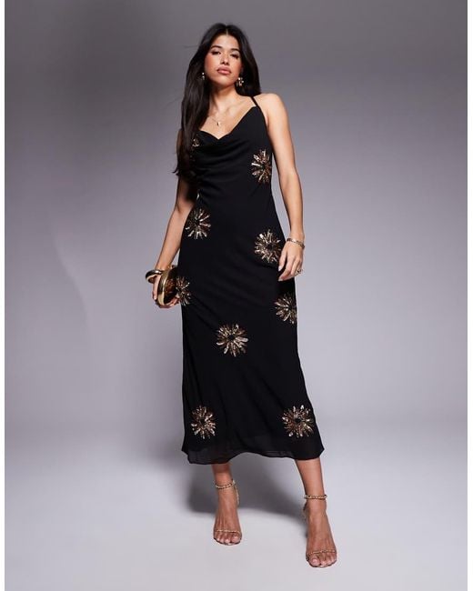 River Island Sequin Cowl Neck Maxi Dress in Black | Lyst UK