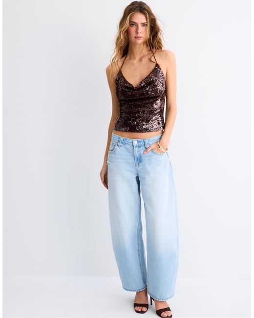 Stradivarius Brown Sequin Halter Top