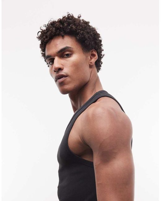 4505 Black Square Neck Slim Fit Seamless Rib Knit Training Tank Top for men