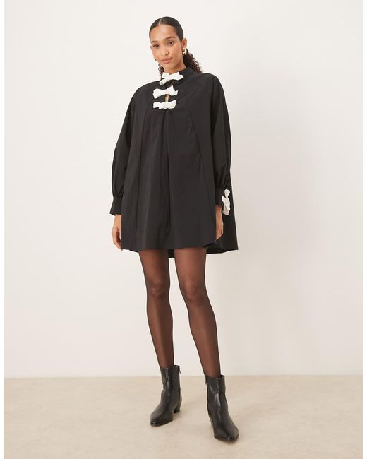 Ghospell Black Swing Mini Dress With Bow Detail