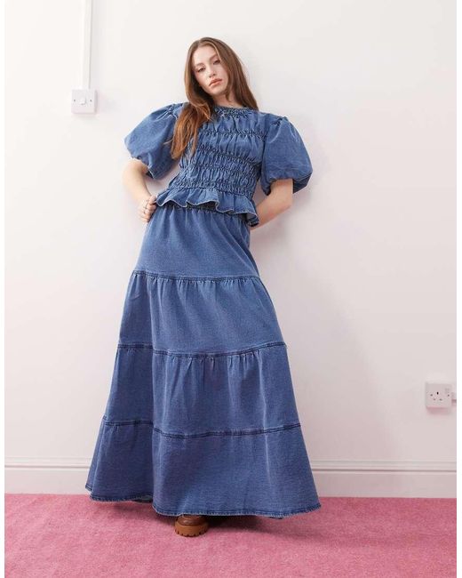 Reclaimed Vintage Blue Tiered Maxi Skirt