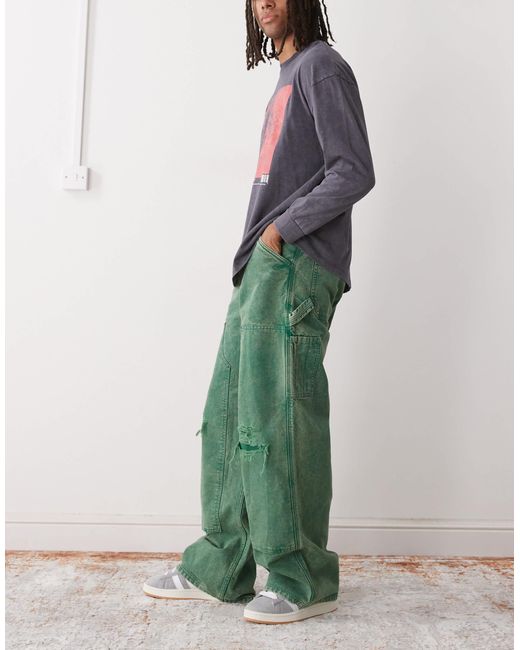 Weekday Green Oversized Canvas Workwear Pants for men