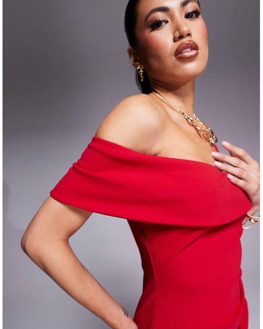 Goddiva Red Off The Shoulder Pleated Waist Maxi Dress