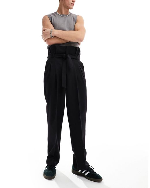 ASOS Black Smart Wide Leg Paperbag Trousers for men