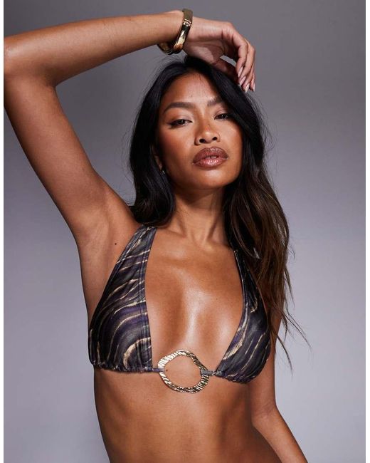 South Beach Brown Abstract Print Ring Bikini Top
