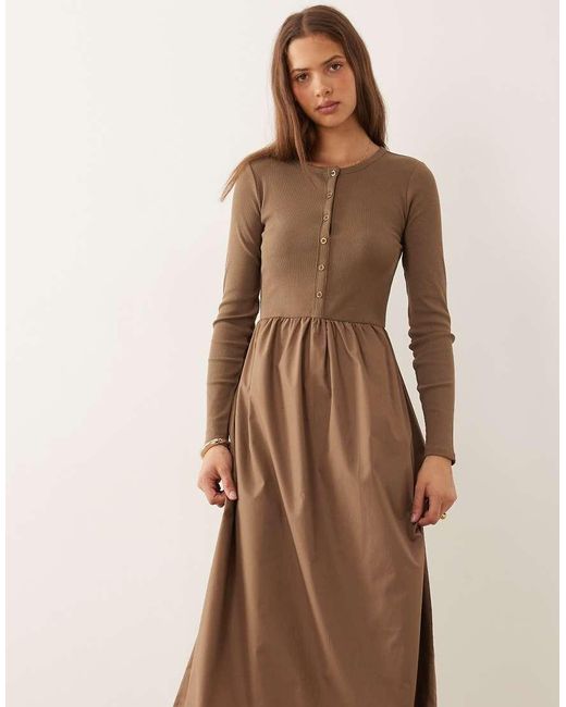 Threadbare Natural Jersey Poplin-mix Midi Dress With Button-through Top