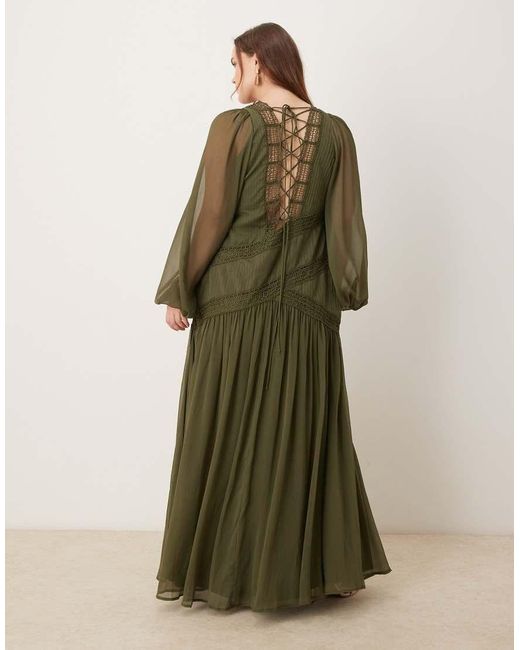 ASOS Green Asos Design Curve Long-sleeved Asymmetric Neckline Maxi Dress With Lace Trim