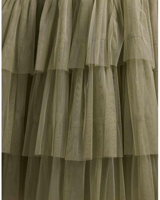 LACE & BEADS Green Bridesmaid Tulle V Neck Midi Dress
