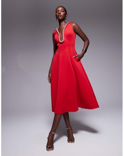 Goddiva Red Diamante Embellished Neck A Line Midi Dress