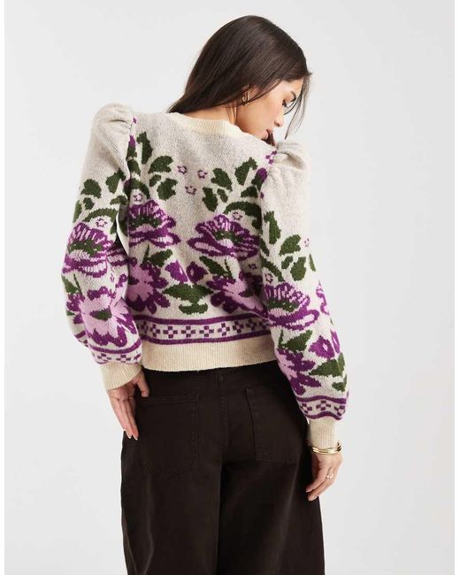 Miss Selfridge Multicolor Puff Sleeve Floral Tie Front Cardigan