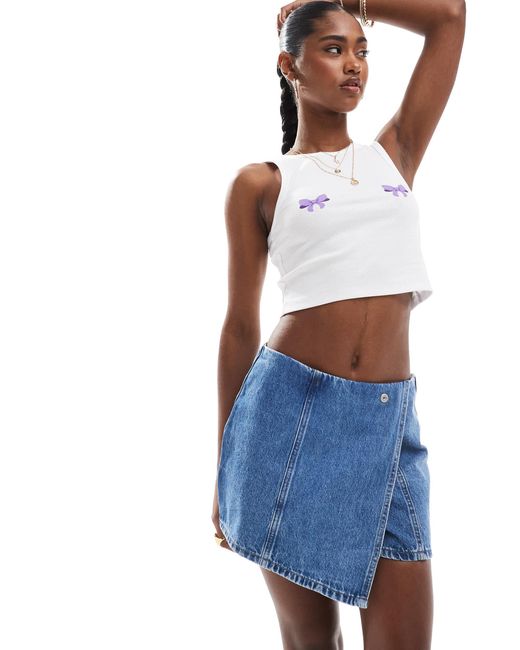 Pieces Blue Wrap Front Denim Mini Skort