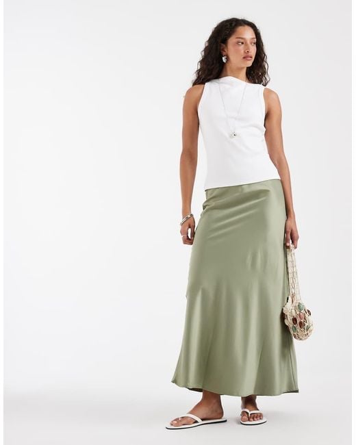 Vero Moda Green Satin Bias Midi Skirt