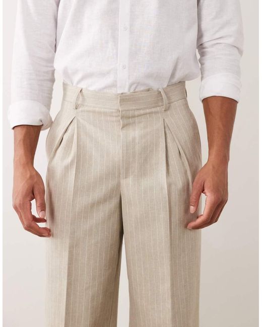 ASOS Natural Linen Mix Smart Pleated Wide Leg Pants for men