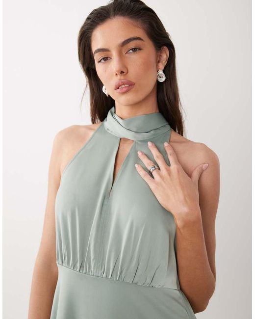 Y.A.S Green High Neck Scarf Detail Satin Drapey Midi Dress
