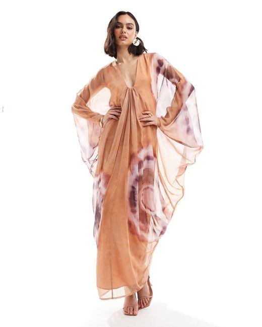 ASOS Pink – langes kimono-kleid mit tiefem ausschnitt und batikmuster