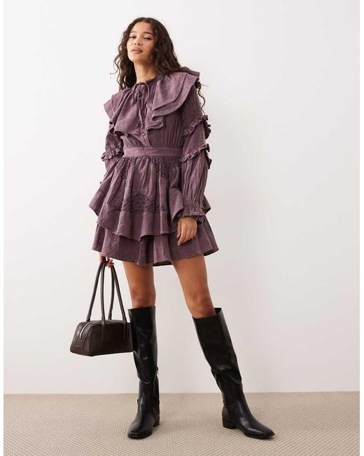 ASOS Purple Mini Dress With Cinched Waist Ruffle Detail And Lace Inserts