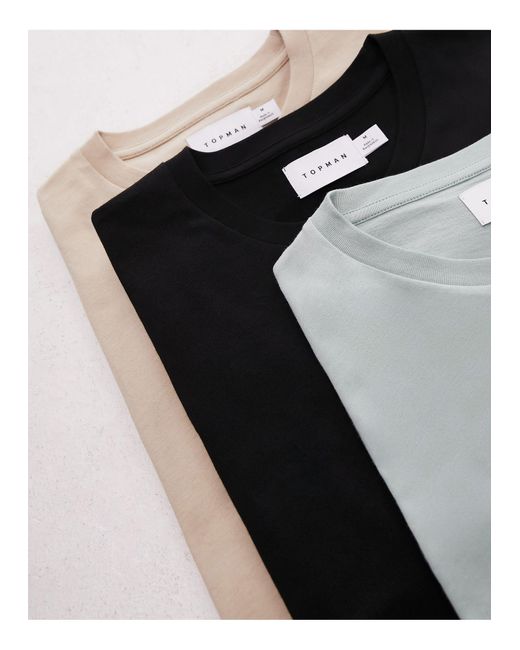 Confezione da 3 t-shirt vestibilità classica nera, color pietra e salvia di Topman in Black da Uomo